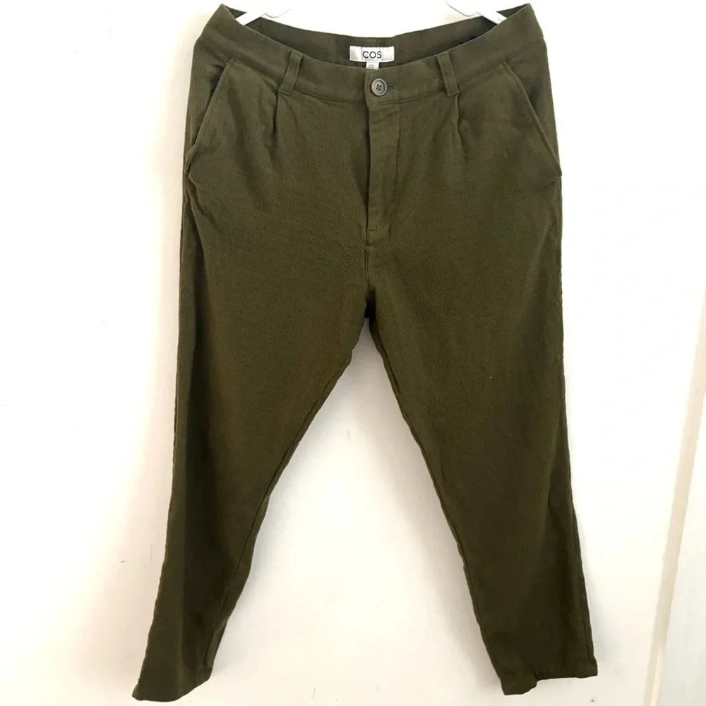 Cos pants Women’s Sz 32 olive green pleated wool straight leg Career Office